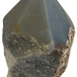 Natural rough angelite freeform with polished point 2 sians emporium Natural rough angelite freeform crystal with unpolished sides and a smooth polished blue point standing on a white background